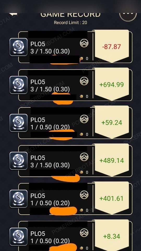 Pokerrrr2 PLO5 多局记录：+694 / +489，也有 -87（已隐去身份）